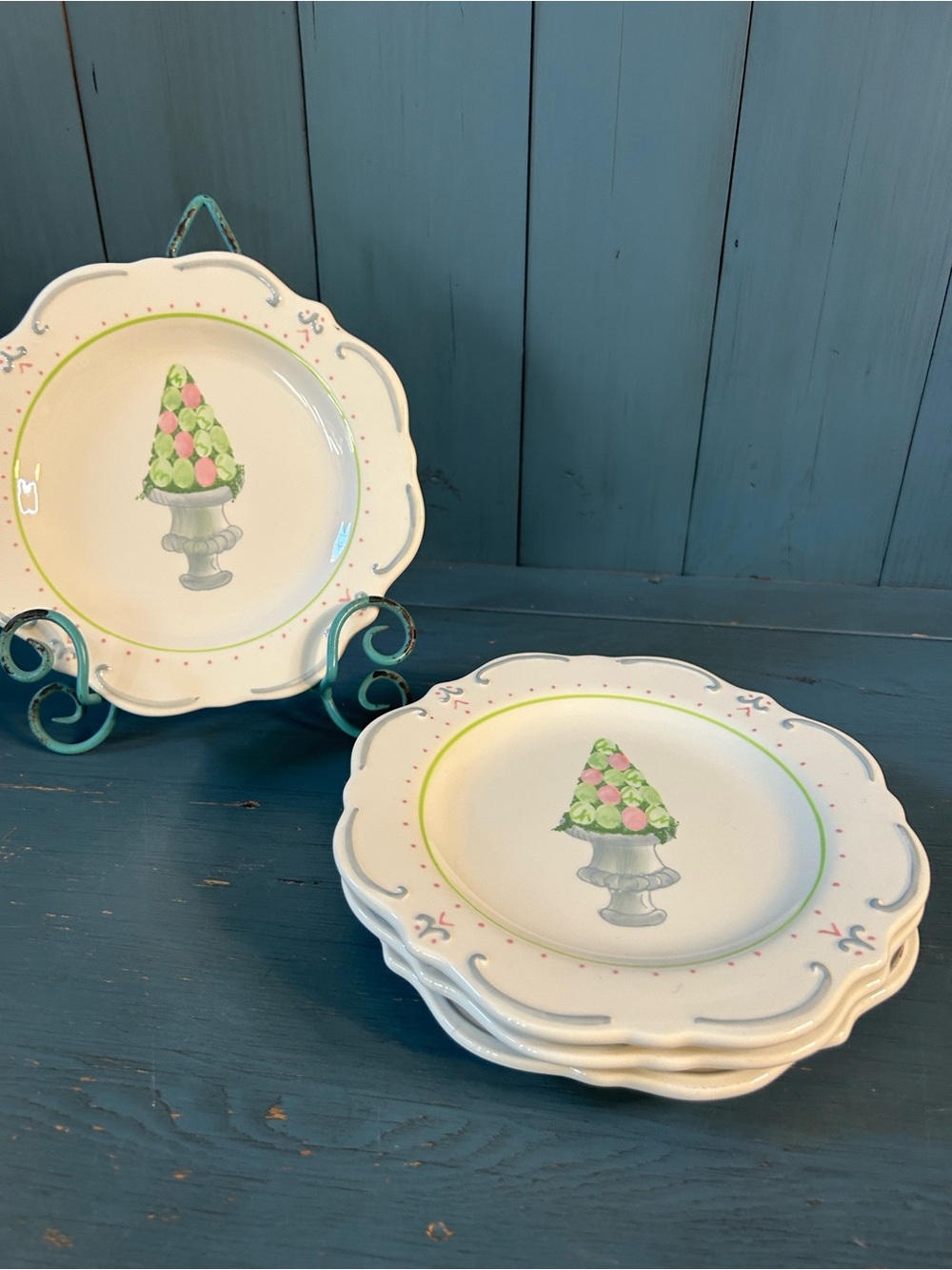 Mesa Home Collection Hand-Painted Topiary Salad Plates - White w/Green and Pink